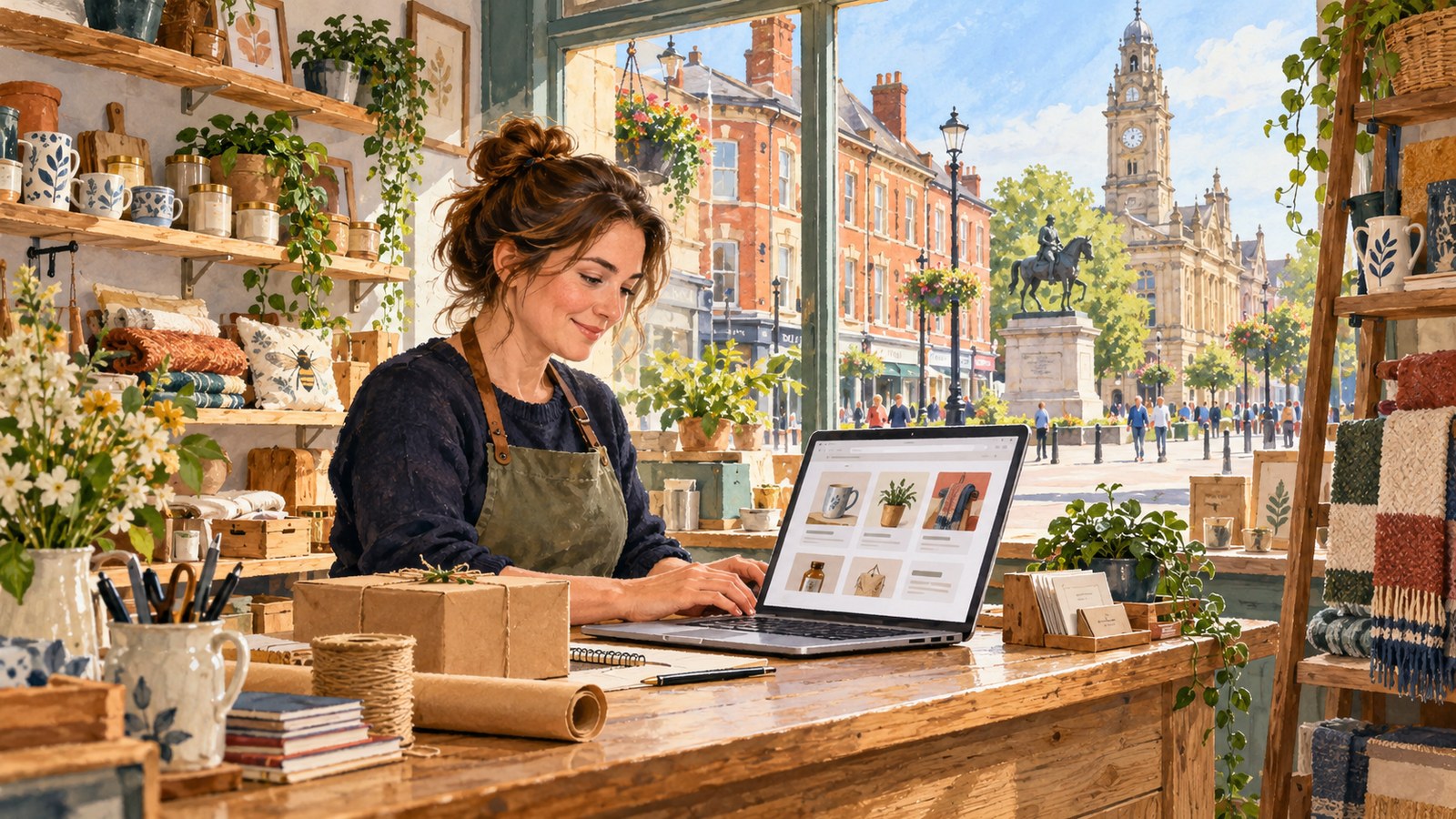 Artist's impression of a Doncaster business owner preparing a directory listing