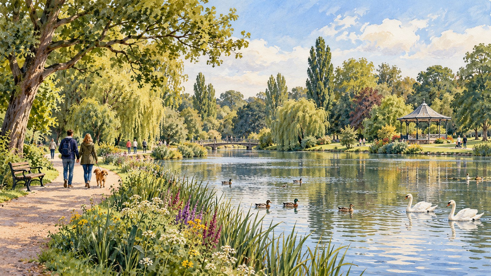 Artist's impression of a walk beside the lake in Sandall Park